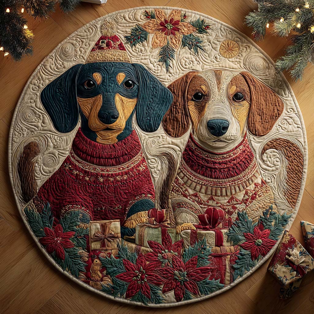 Cosy Fellowship round quilted mat – dogs in jumpers
