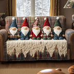 Gnome Row quilted sofa cover – row of gnomes on plaid