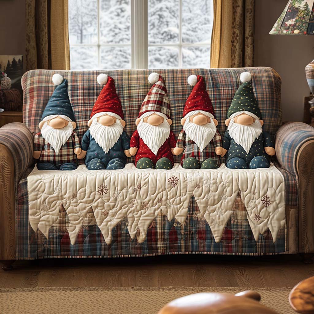 Gnome Row quilted sofa cover – row of gnomes on plaid