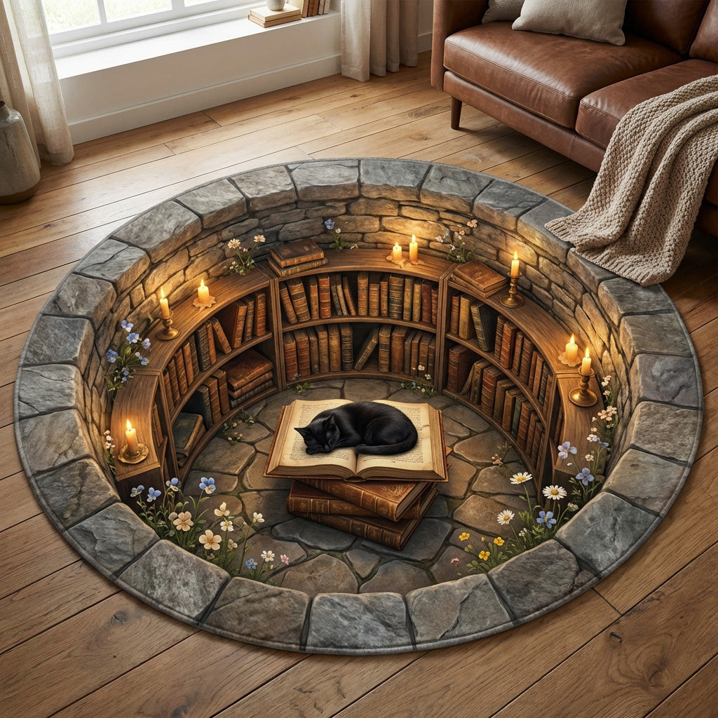 Cosy Library round rug – library well with cat