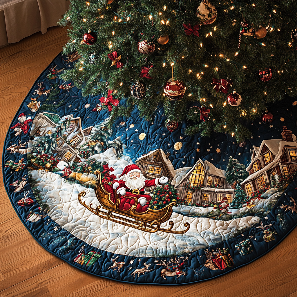 Santa's Sleigh Village quilted Christmas tree skirt – santa's sleigh over a snowy village beneath a starry navy sky