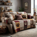 Rustic Paw Patch quilted sofa cover – paw prints in burgundy patchwork