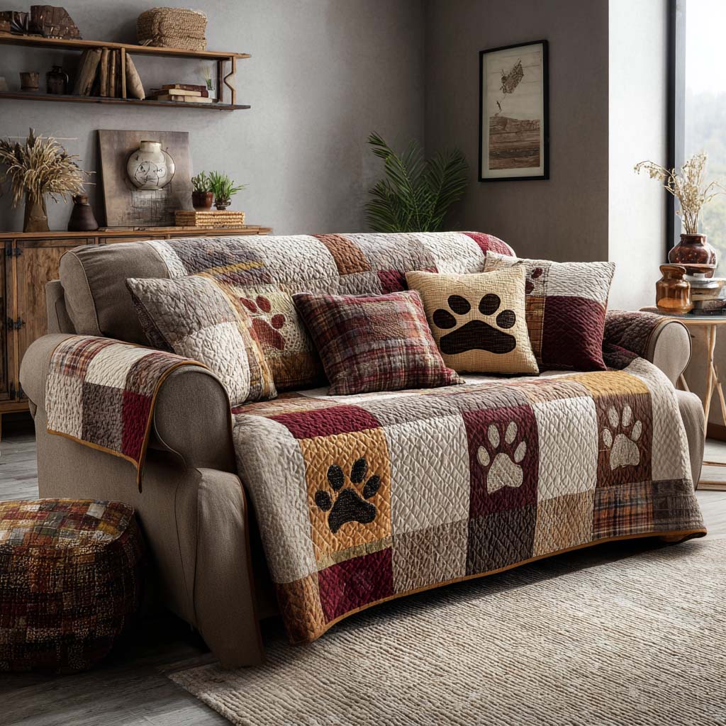 Rustic Paw Patch quilted sofa cover – paw prints in burgundy patchwork