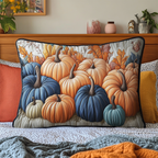 Blue and Orange Pumpkins quilted pillowcase – blue, peach and cream pumpkins