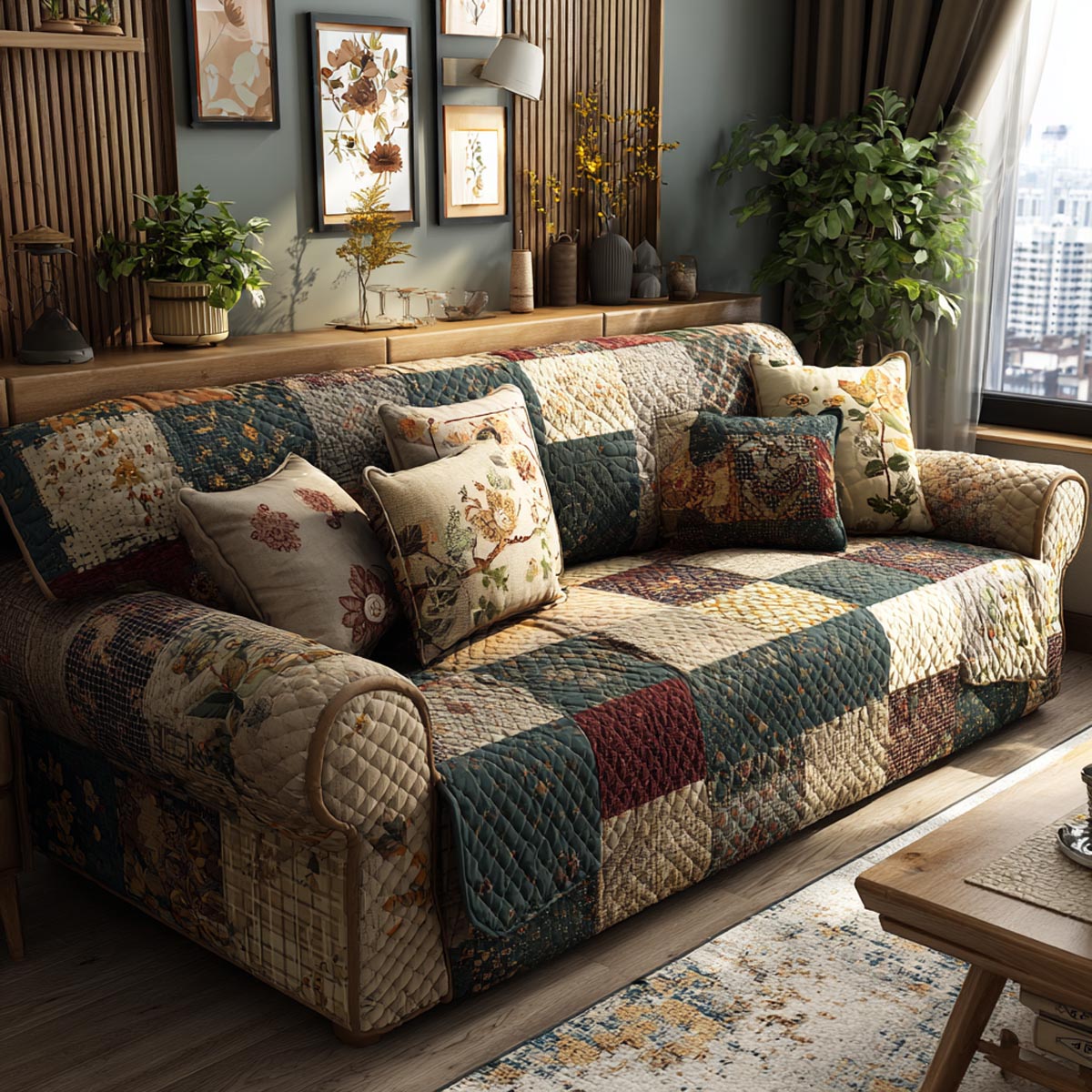 Sage Cottage Patchwork quilted sofa cover – sage and cream floral patchwork