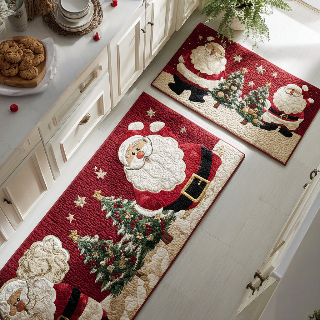 Christmas Santa kitchen mat set – santas and tree on red