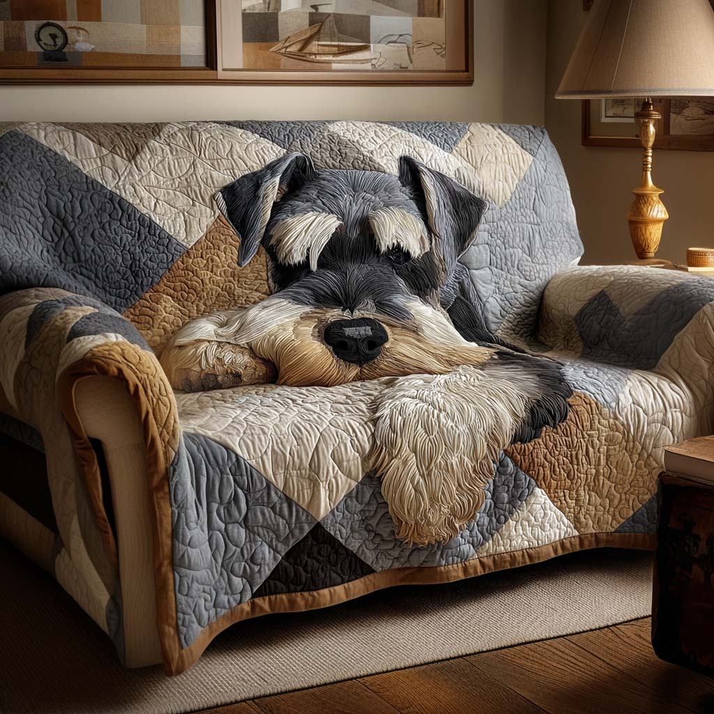 Sleepy Schnauzer quilted sofa cover – schnauzer on grey patchwork