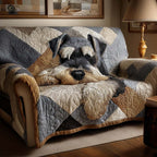 Sleepy Schnauzer quilted sofa cover – schnauzer on grey patchwork