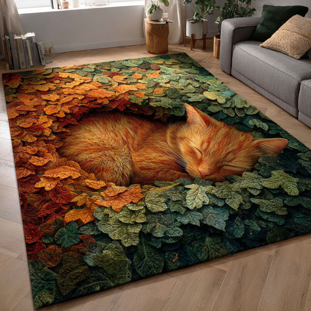 Cosy Sleeping Cat rug – ginger cat on leaves