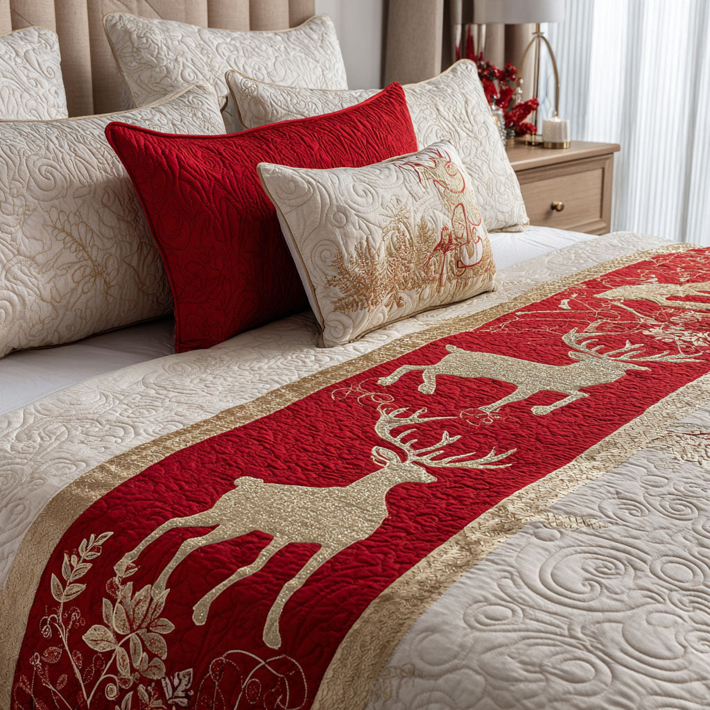 Cream Reindeer on Red quilted bed runner – cream reindeer on rich red