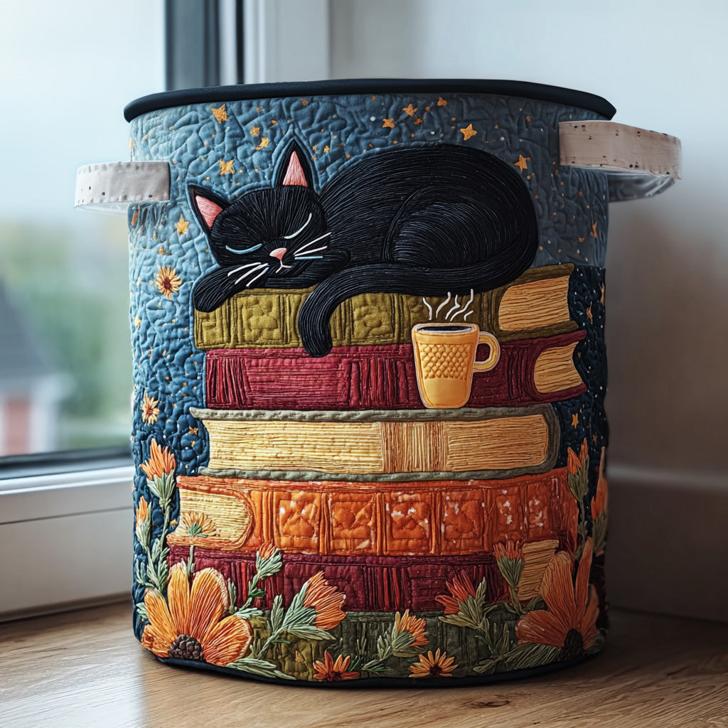 Quilted laundry basket with curled and stretching cats in warm amber and grey in the Cosy Spell design