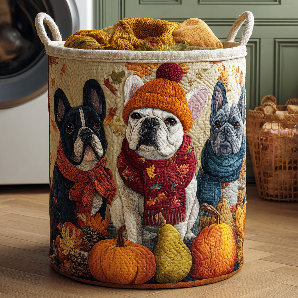 Autumn Bulldog Trio quilted laundry basket – bulldogs in knitwear