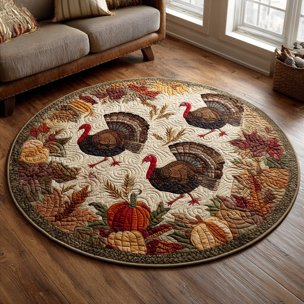 Harvest Turkeys round quilted mat – turkeys and pumpkins