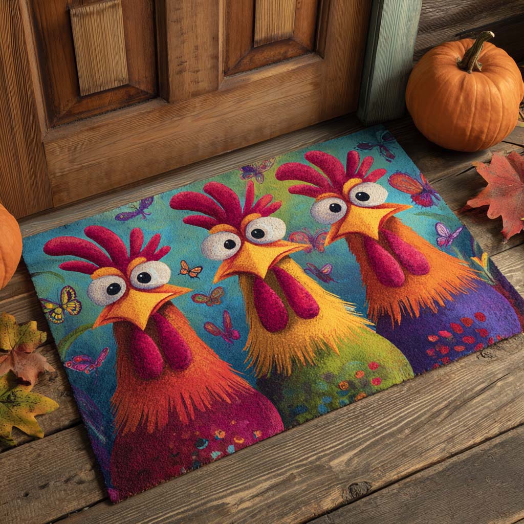 Whimsical Rooster Trio doormat – rooster trio