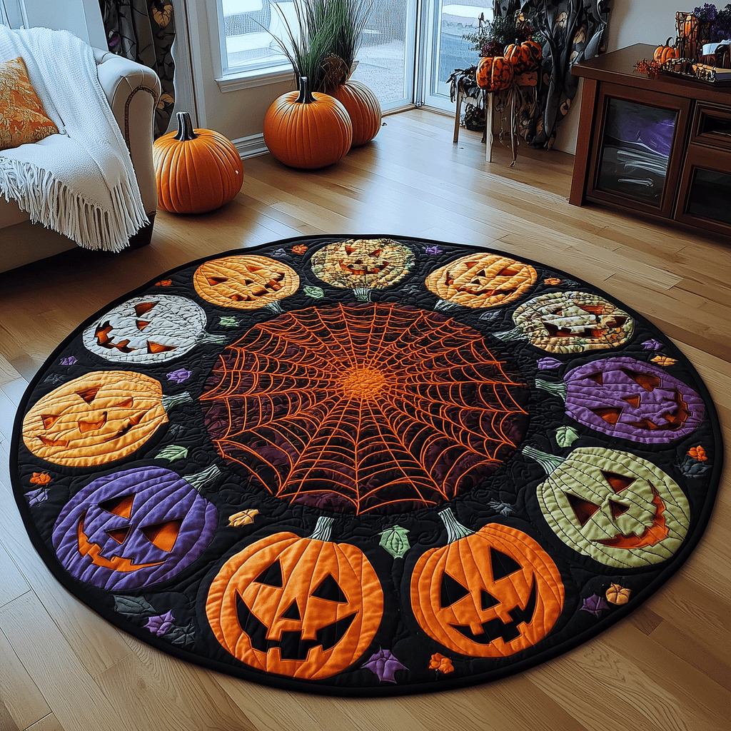Spooky Pumpkin Web round quilted mat – pumpkins and web