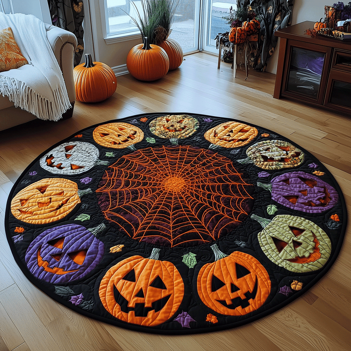 Spooky Pumpkin Web round quilted mat – pumpkins and web