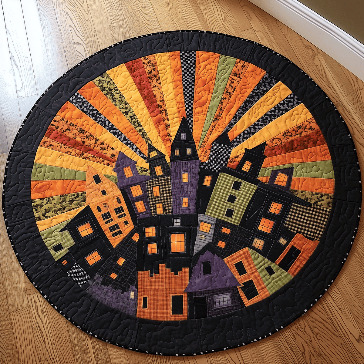 Spooky Townscape round quilted mat – patchwork haunted town