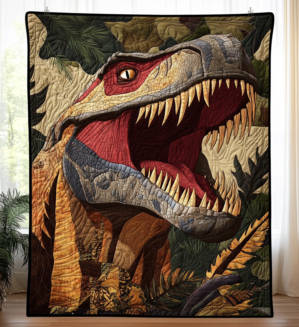 Jungle Dinosaur art quilt – roaring dinosaur in ferns