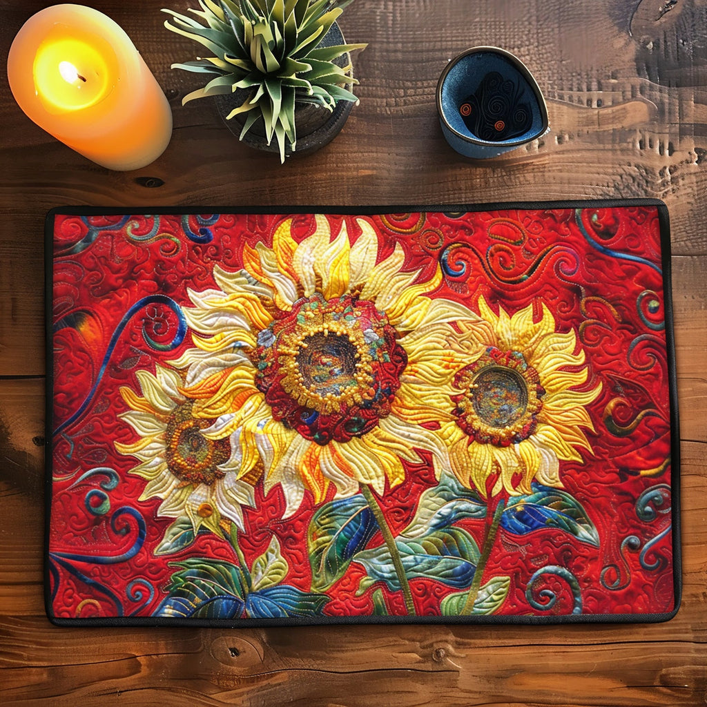 Crimson Sunflower Spark quilted placemats – sunflowers on red