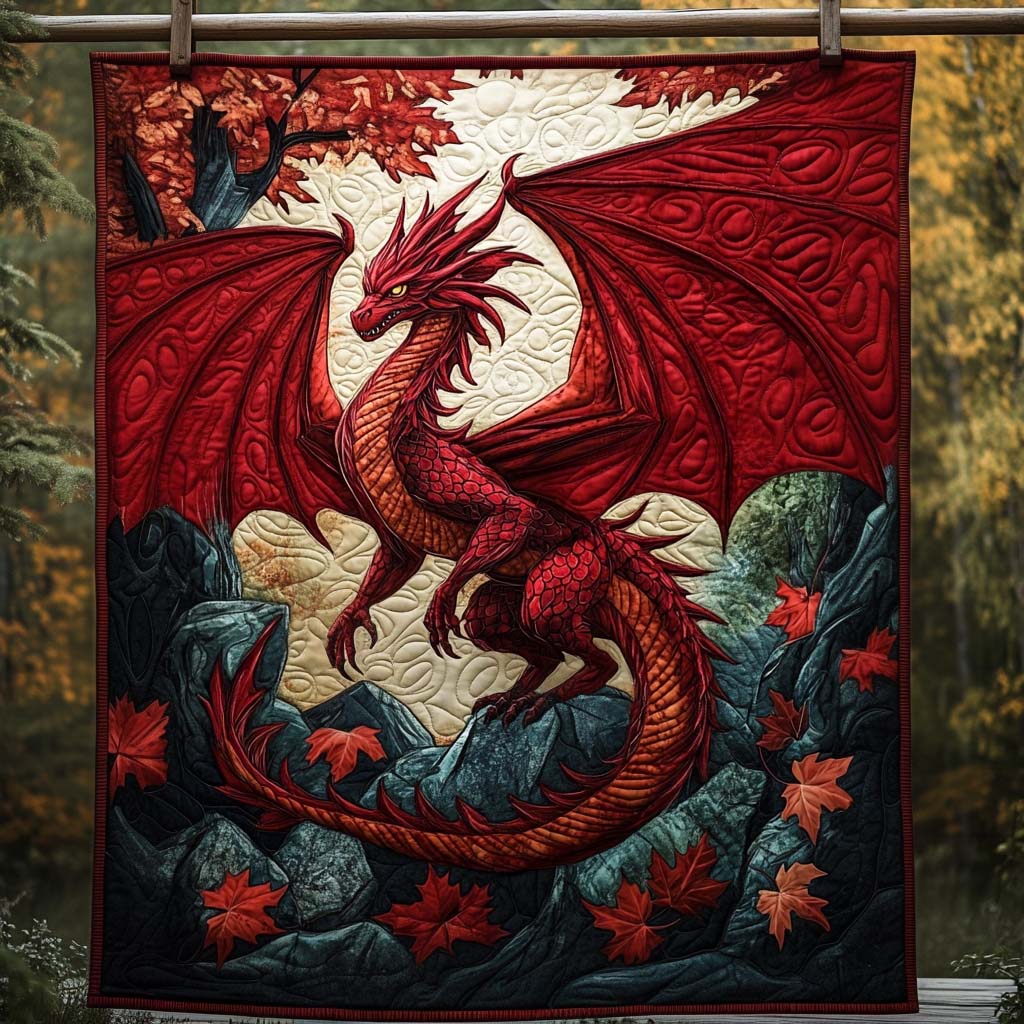 Welsh Red Dragon quilted throw – bold red dragon above green hills