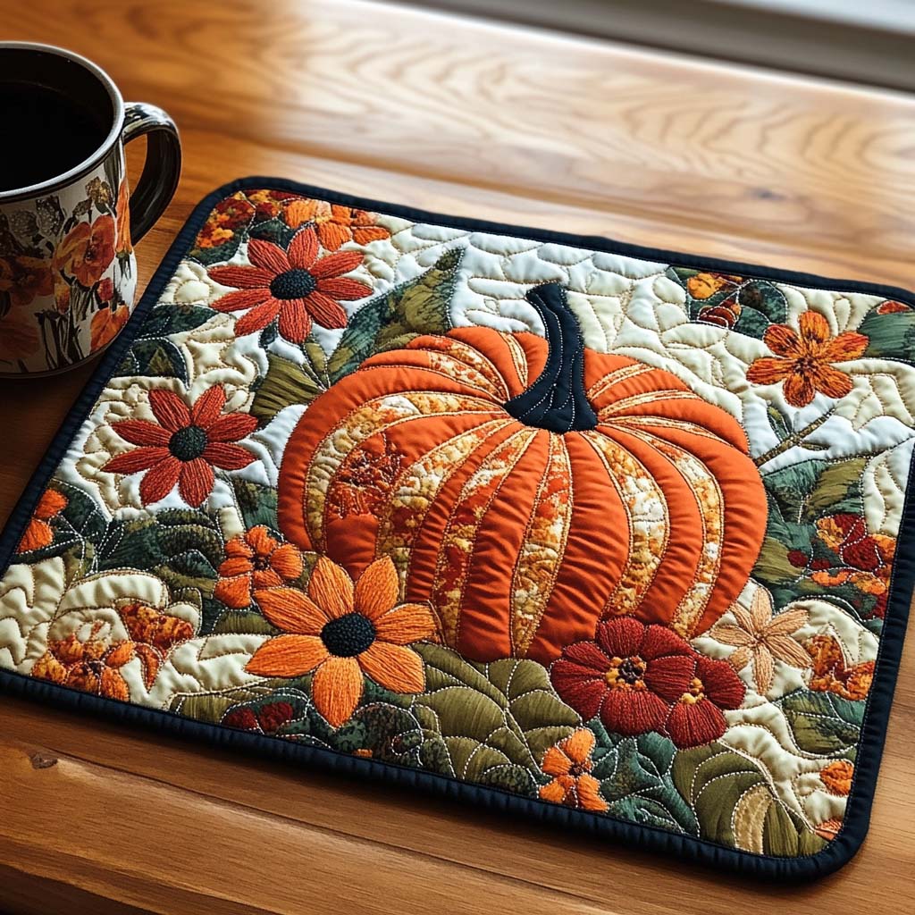 Crimson Pumpkin quilted placemats – pumpkin with flowers
