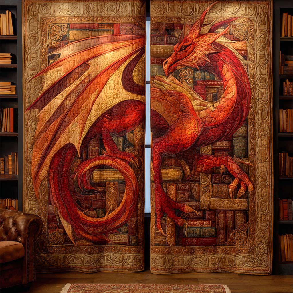 Crimson Dragons quilted curtains – red dragons on gold