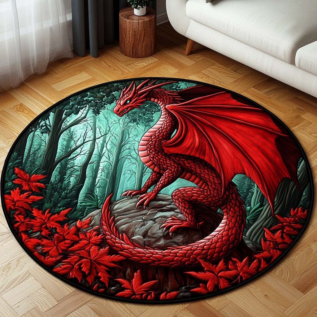Crimson Glade Dragon round quilted mat – red dragon in a forest