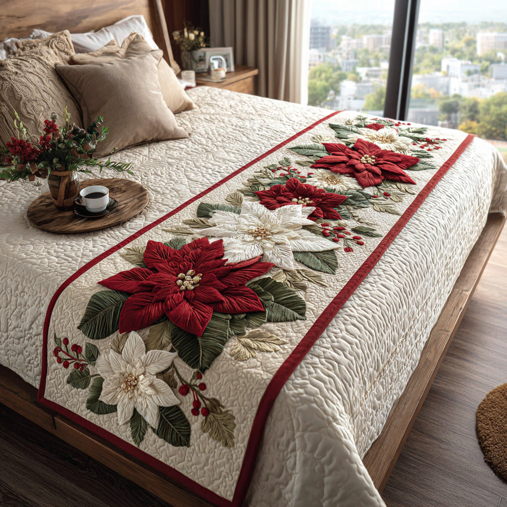 Red Poinsettias quilted bed runner – red and cream poinsettias on cream