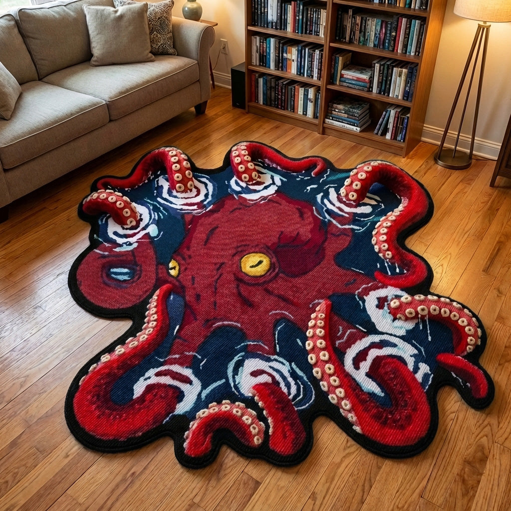Crimson Kraken shaped rug – red octopus shape