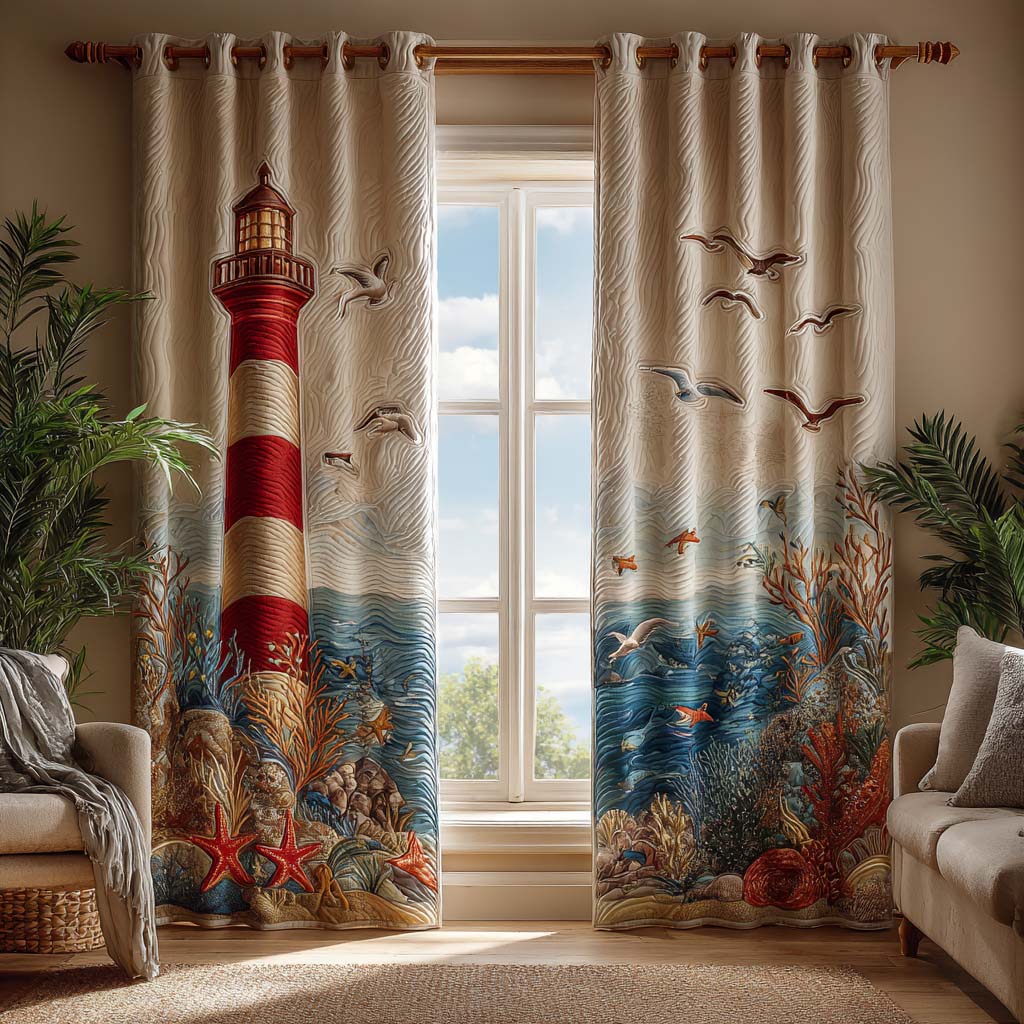 Red Lighthouse Shore quilted curtains – red lighthouse above a flowery shore