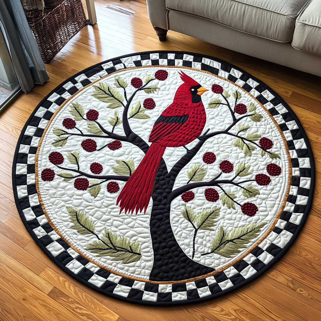 Crimson Majesty Cardinal round quilted mat – cardinal in a tree