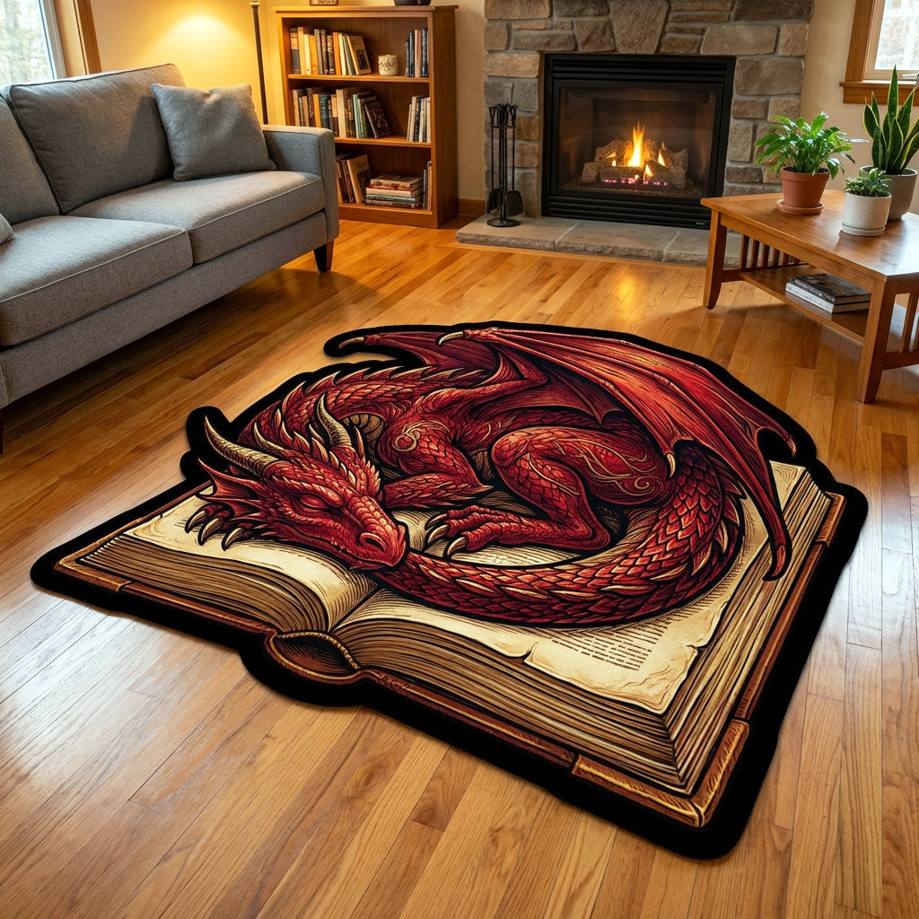 Crimson Reader shaped rug – dragon on a book