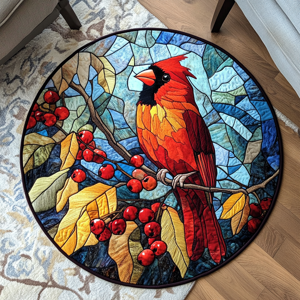 Crimson Serenade round quilted mat – cardinal and berries