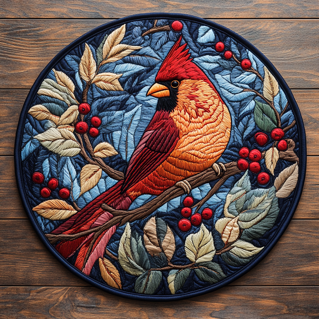 Crimson Wings Cardinal round quilted mat – cardinal on berry branch