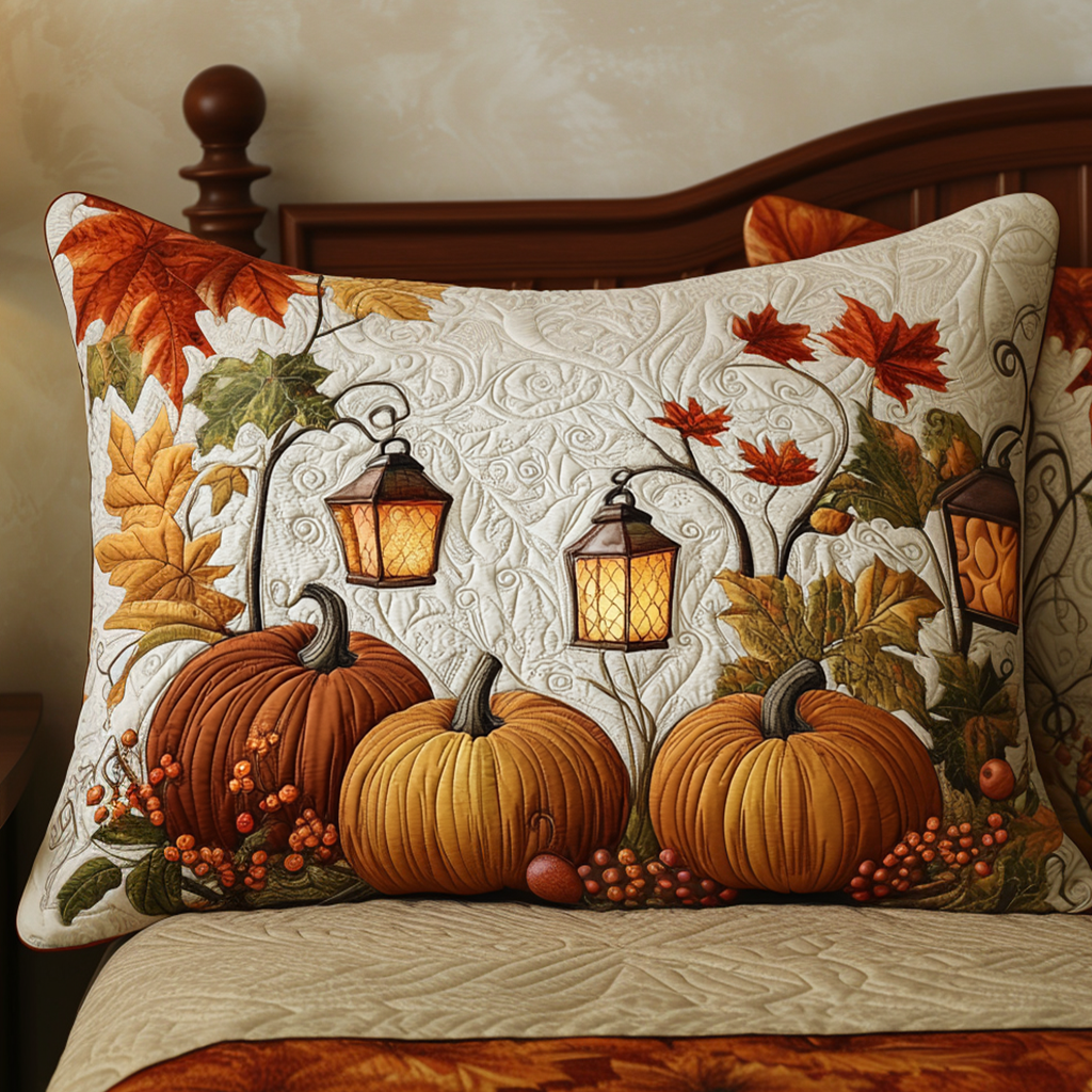 Lanterns and Pumpkins quilted pillowcase – glowing lanterns above pumpkins
