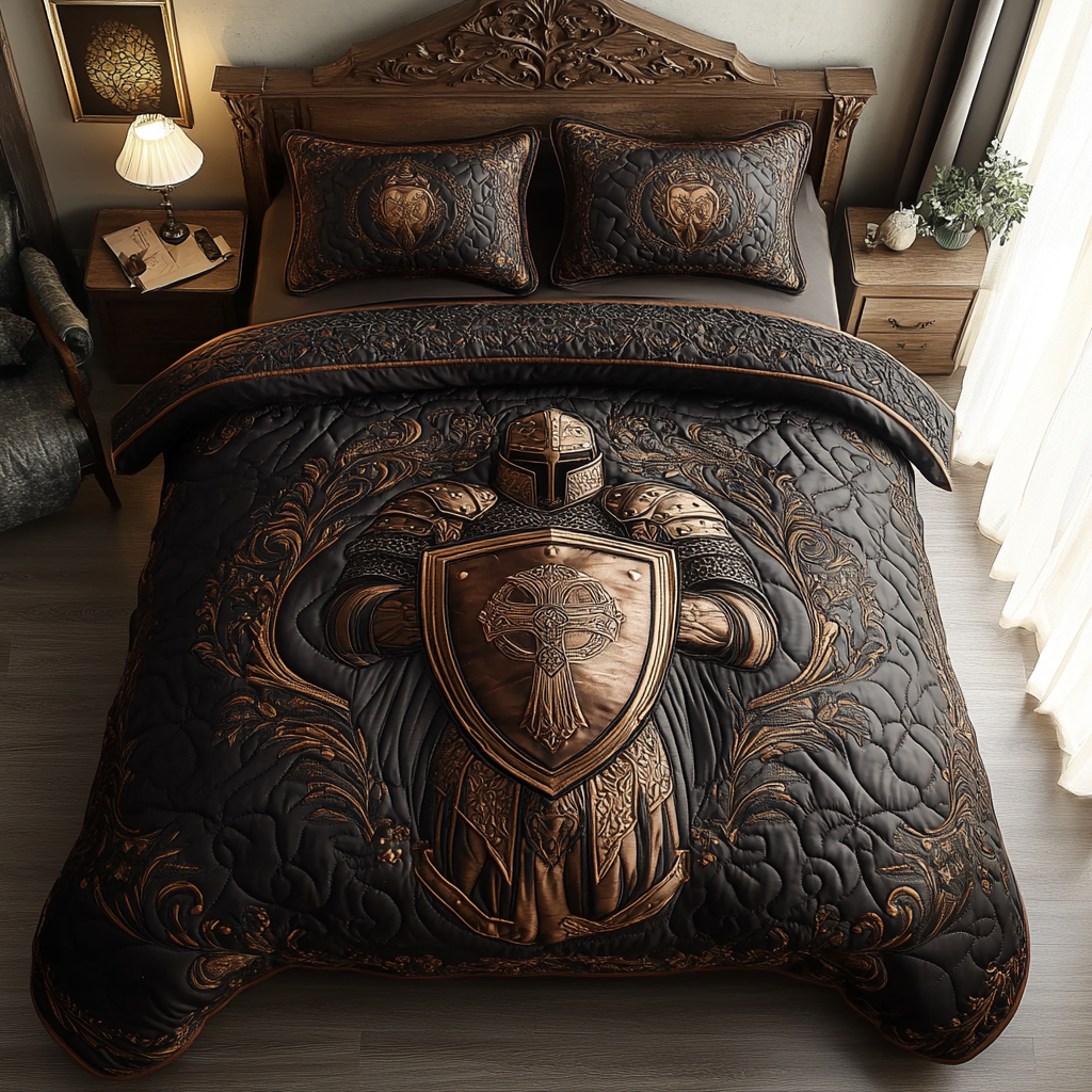 Knight's Shield quilted bedspread set – embossed knight's shield on dark brown