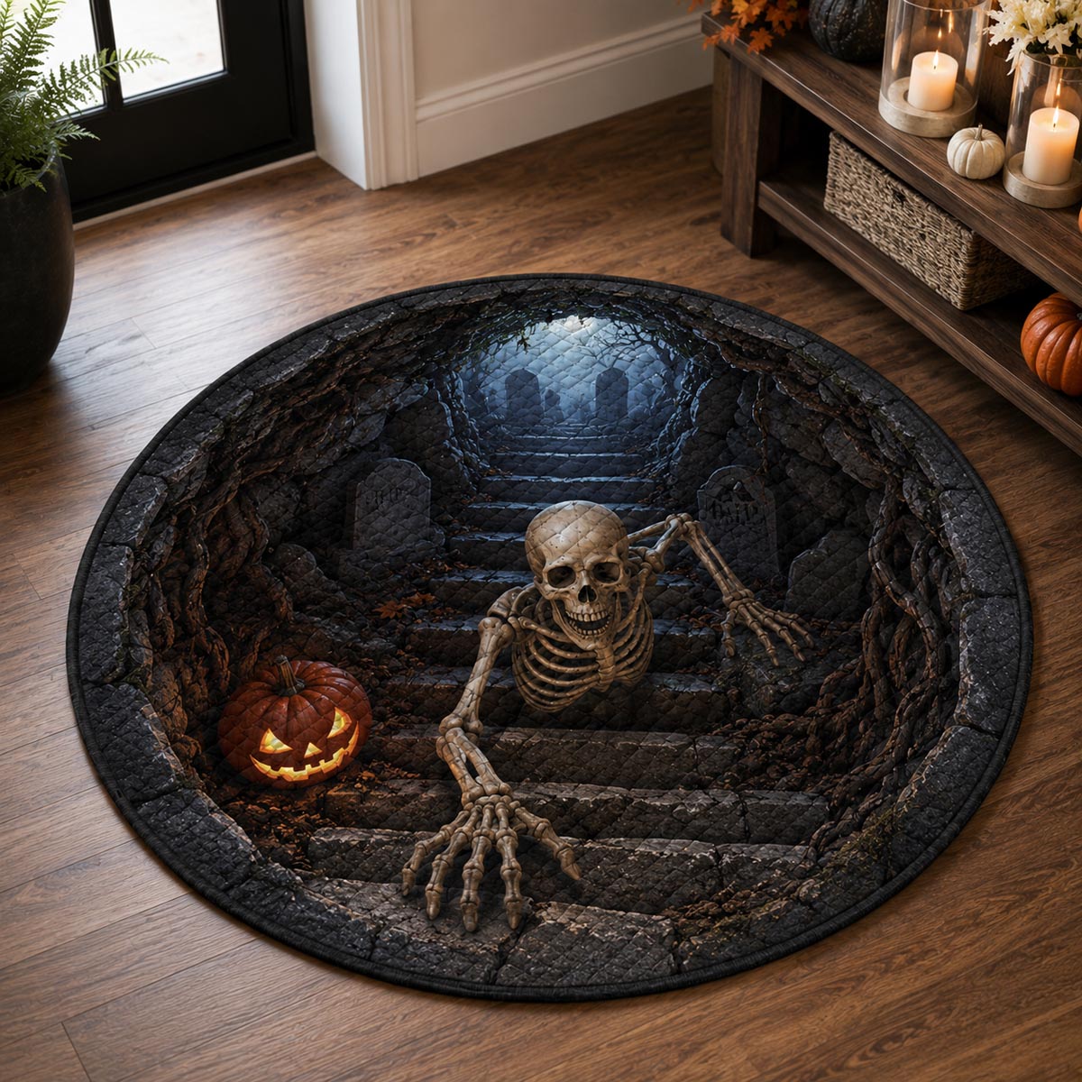 Crypt Escape Skeleton round quilted mat – skeleton in crypt