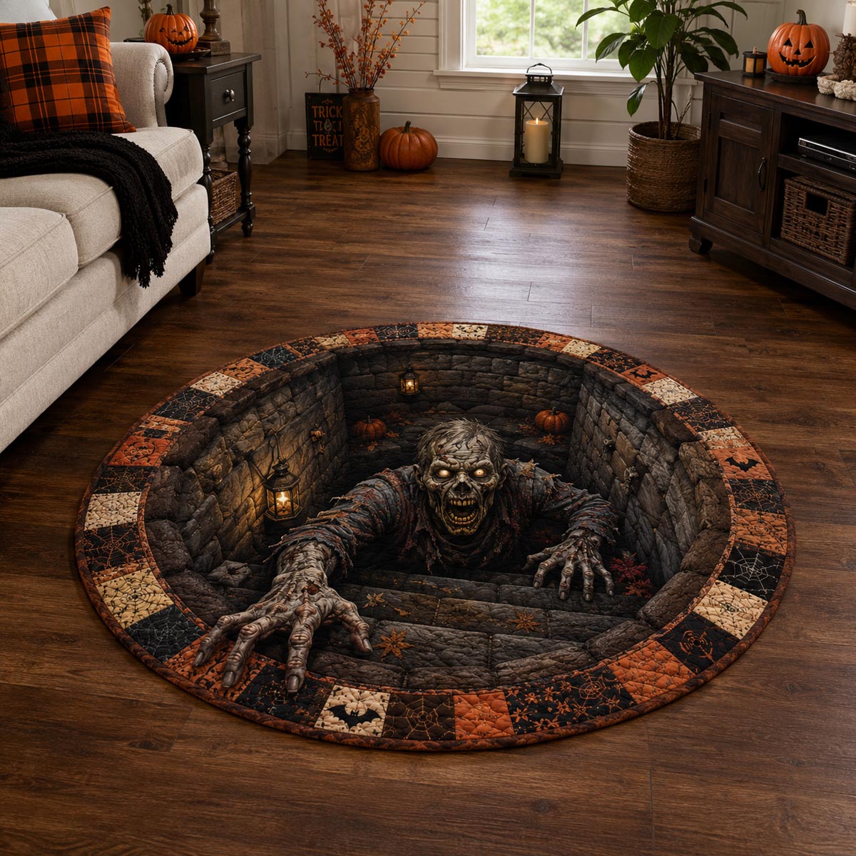 Crypt Fiend round quilted mat – ghoul in stone pit