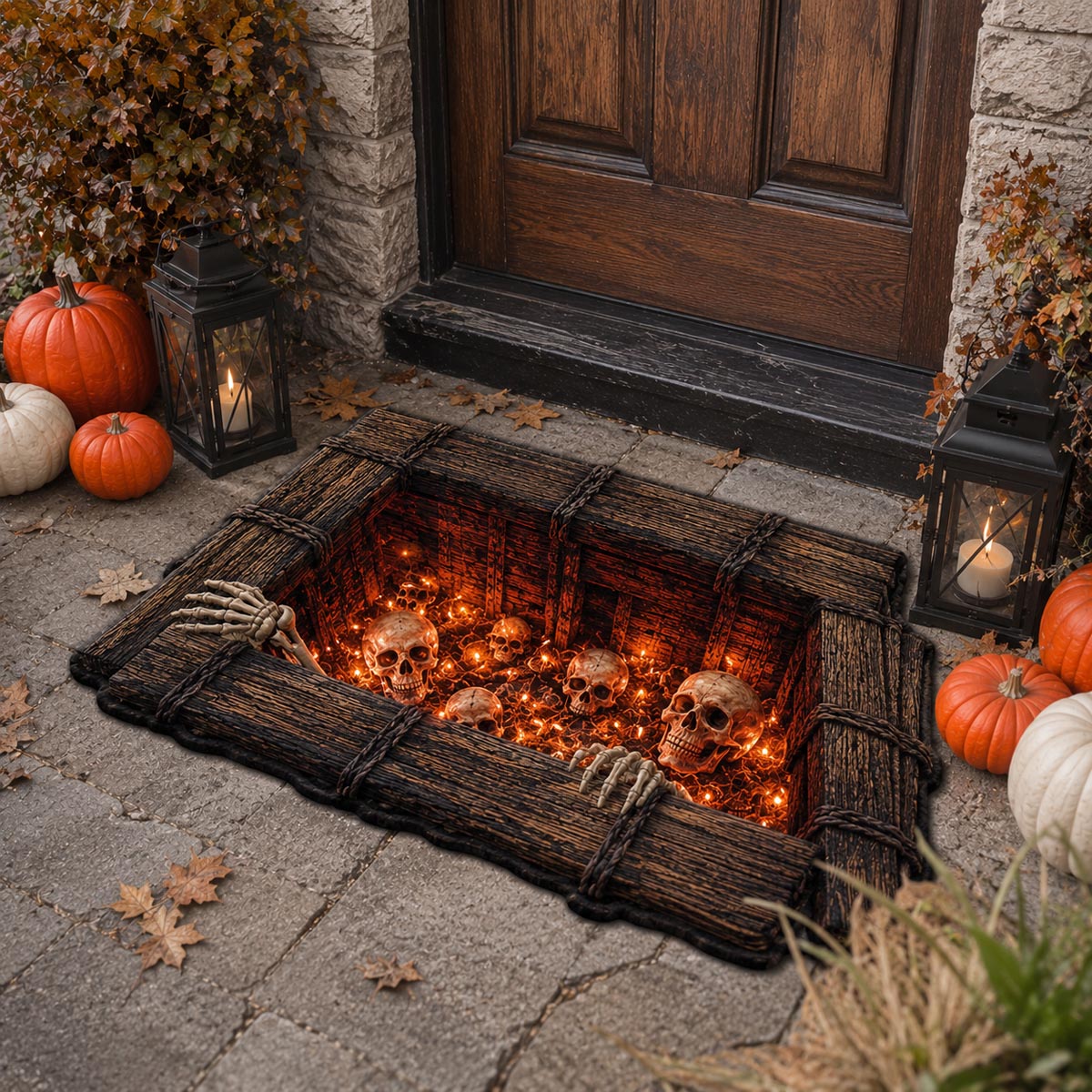Crypt Hatch shaped doormat – skulls in crypt hatch