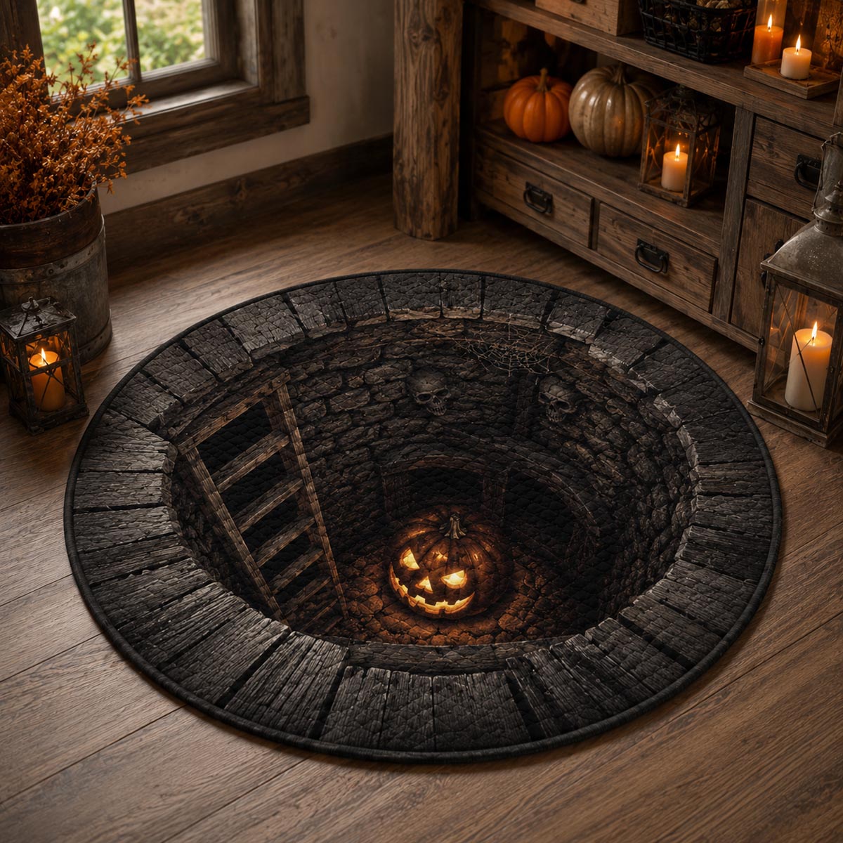 Crypt Well round quilted mat – pumpkin in stone well