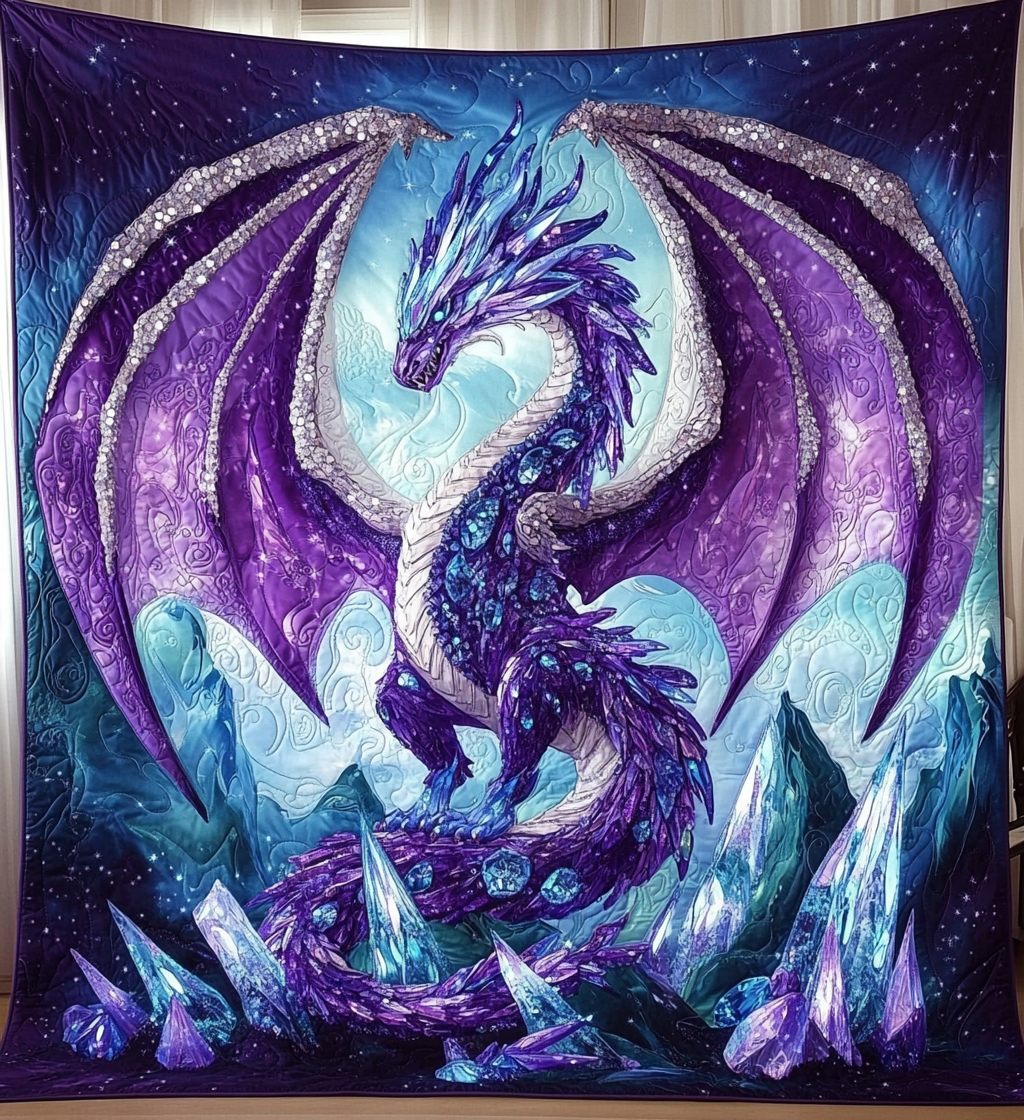 Amethyst Dragon quilted throw – violet dragon among amethyst crystals