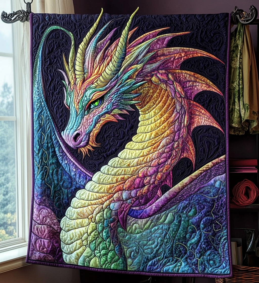 Rainbow Dragon quilted throw – dragon with rainbow scales