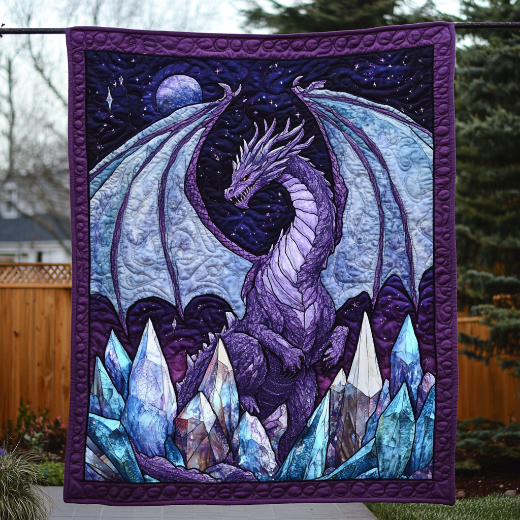 Crystal Dragon quilted throw – purple dragon above glittering crystals