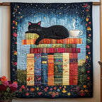 Cat on the Books quilted throw – black cat napping on a stack of books