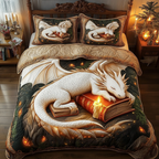 Sleeping White Dragon quilted bedspread set – white dragon sleeping around a glowing book