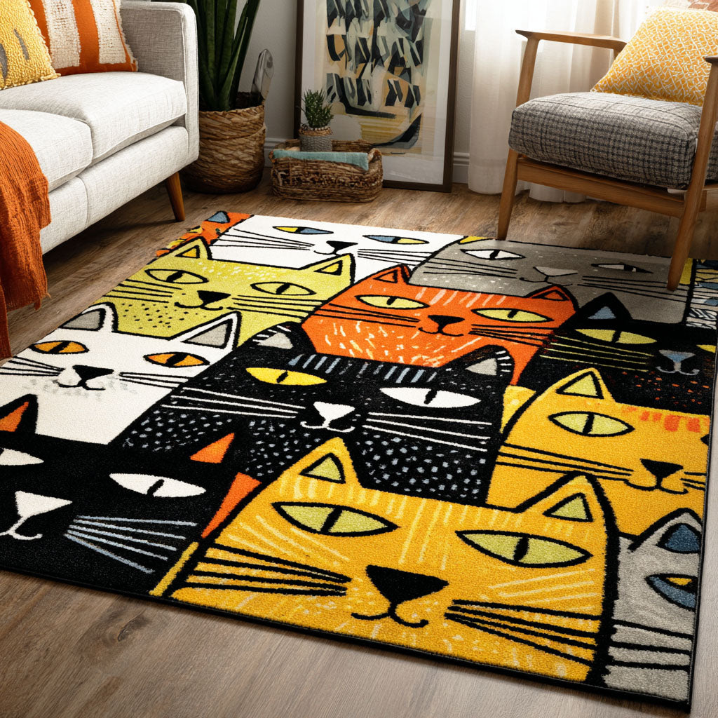 Curious Whiskers rug – stylised cats