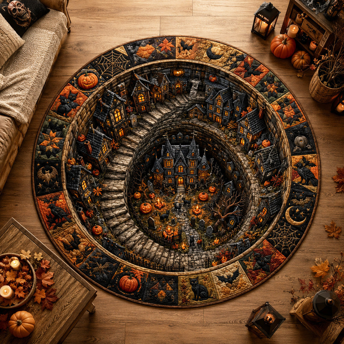 Cursed Stairwell round quilted mat – spiral stairwell