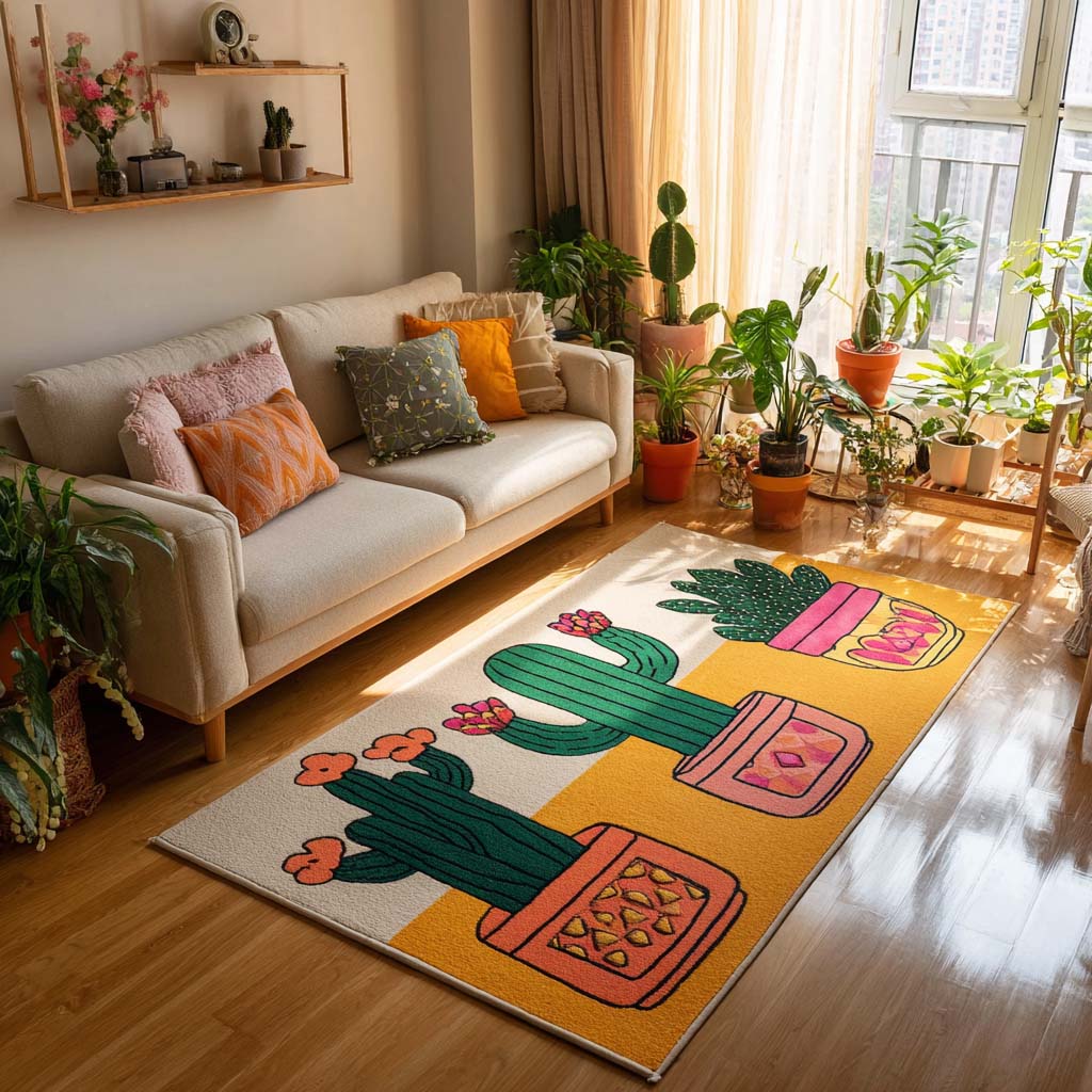 Cute Cactus rug – potted cacti on yellow