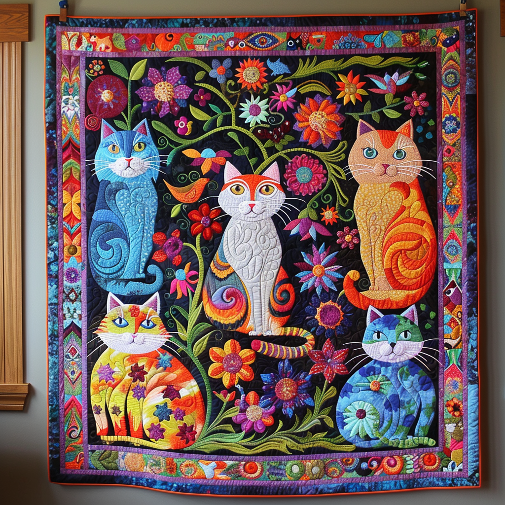 Folk Art Cats quilted throw – folk art cats among bright flowers