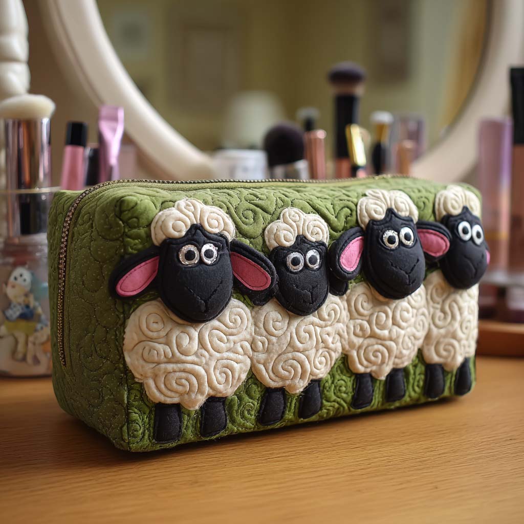 Cute Herd quilted make-up bag with fluffy raised sheep with black faces on green quilting